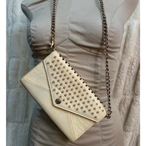 Rebecca Minkoff cream leather and good tone studded crossbody purse